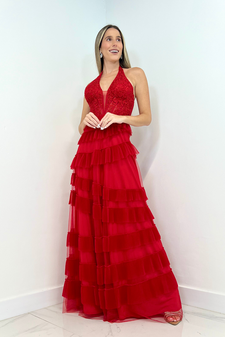 Vestido rojo de tul con pedreria