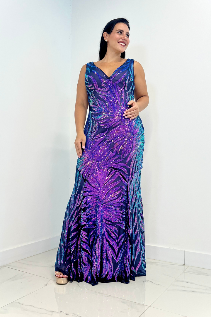 Vestido largo con lentejuelas tornasol