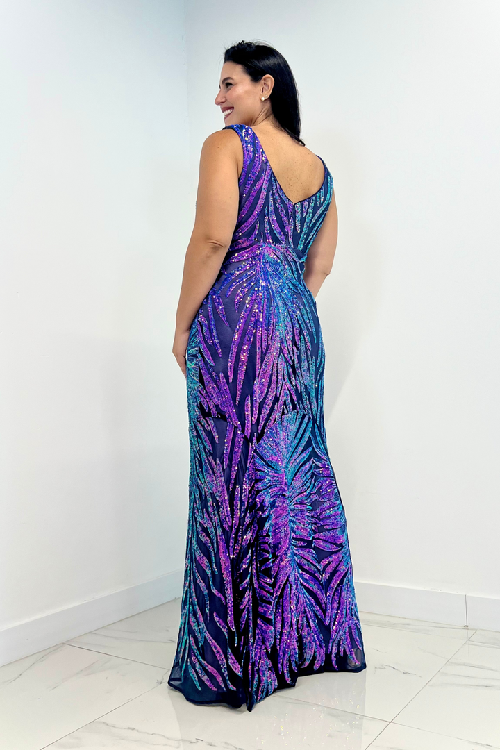 Vestido largo con lentejuelas tornasol
