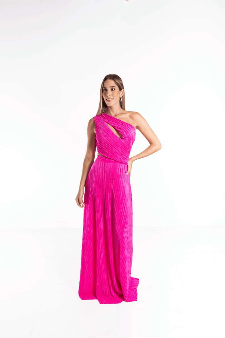 Vestido largo one shoulder fuccia