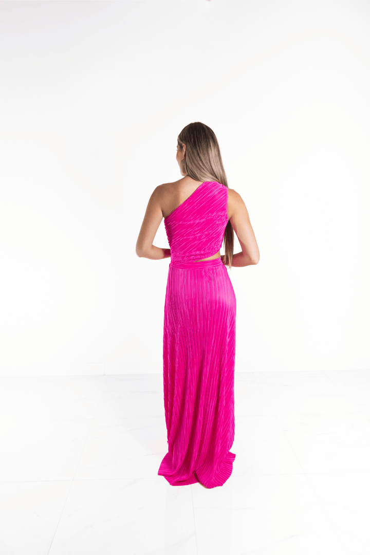 Vestido largo one shoulder fuccia