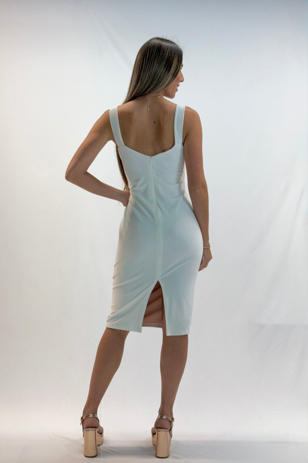 Vestido midi blanco con beige