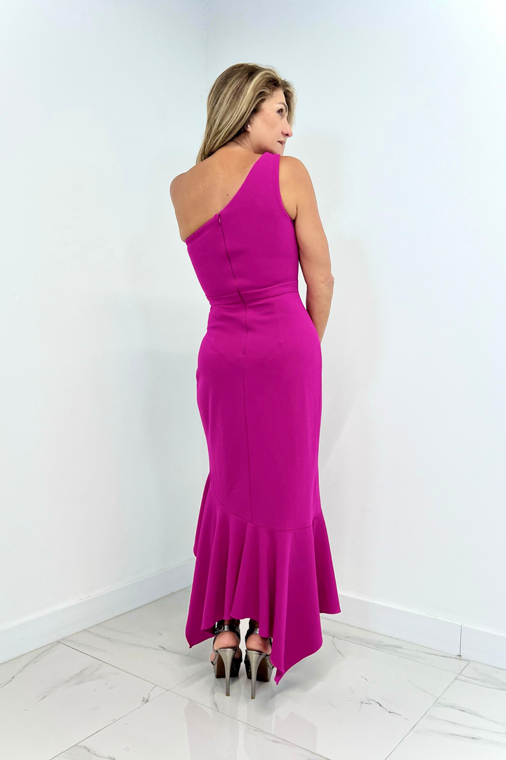 Vestido midi fuccia asimetrico