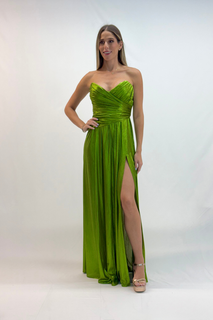 Vestido verde strapless metalizado