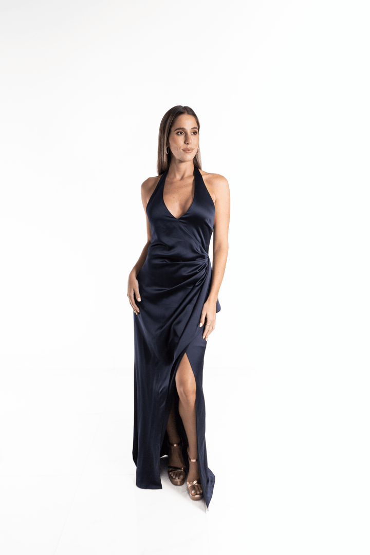 Vestido largo azul marino de seda