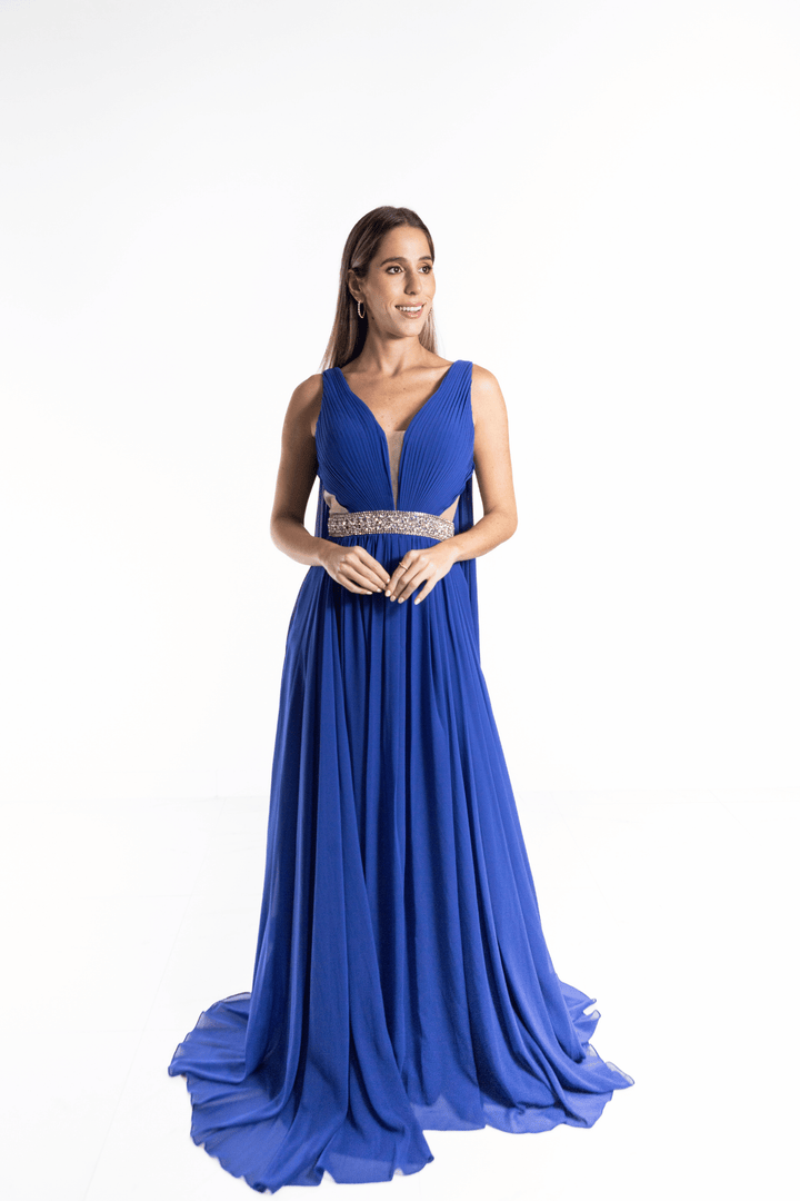 Vestido largo azul rey con capas de chifon