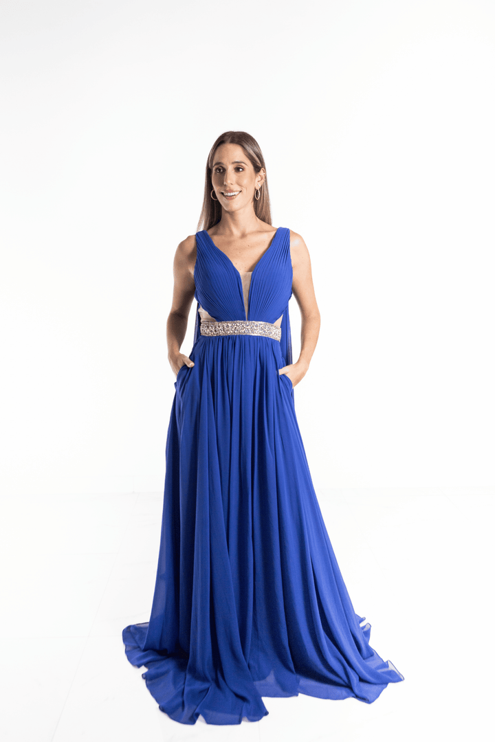 Vestido largo azul rey con capas de chifon