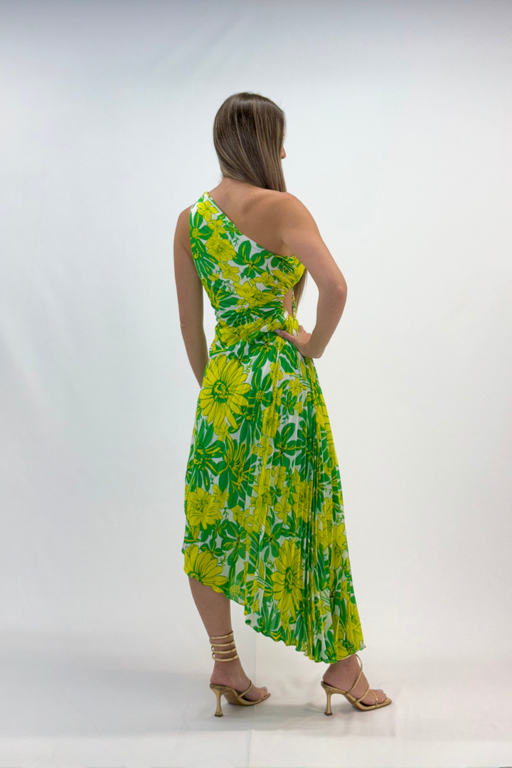 Vestido one shoulder plisado y estampado midi