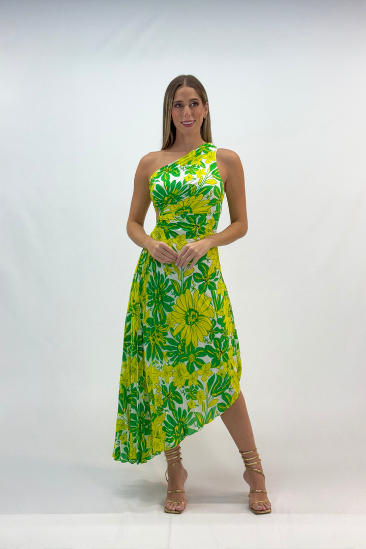 Vestido one shoulder plisado y estampado midi