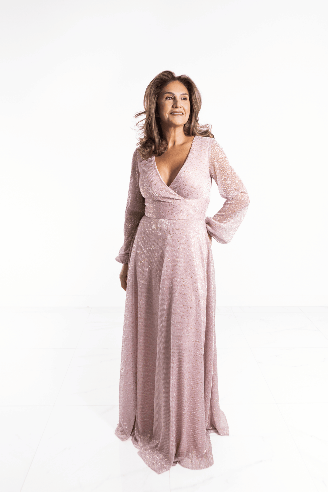 Vestido largo manga larga rosa palido