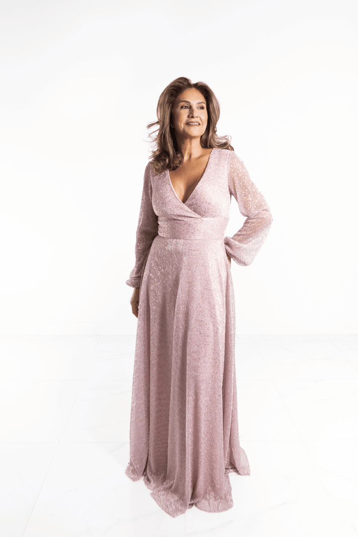 Vestido largo manga larga rosa palido