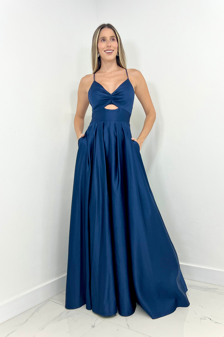 Vestido largo azul marino corte princesa