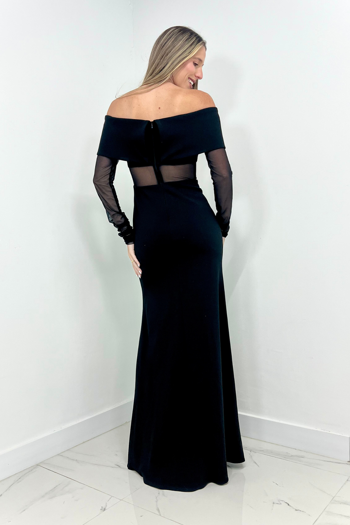 Vestido manga larga negro con transparencias