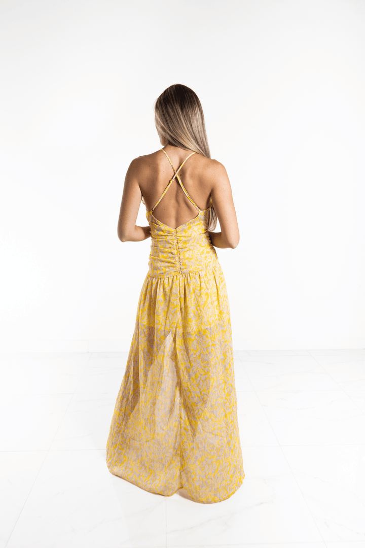 Vestido largo amarillo estampado