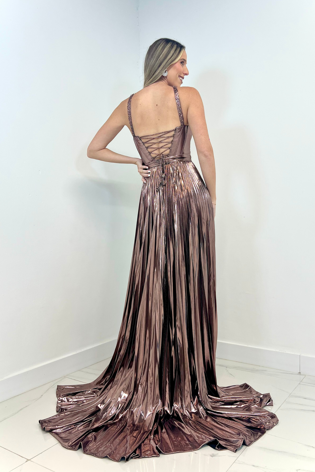Vestido largo metalico rose gold
