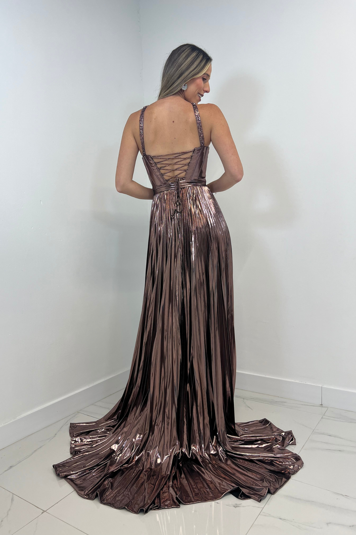 Vestido largo metalico rose gold