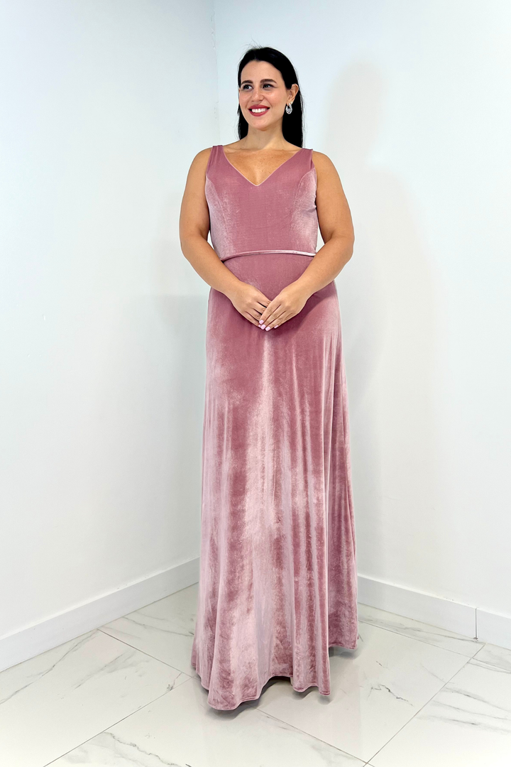 Vestido largo de terciopelo rosado