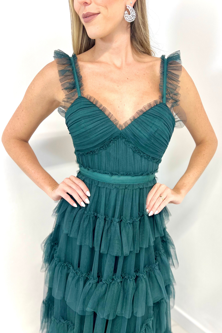 Vestido largo de tul verde oscuro