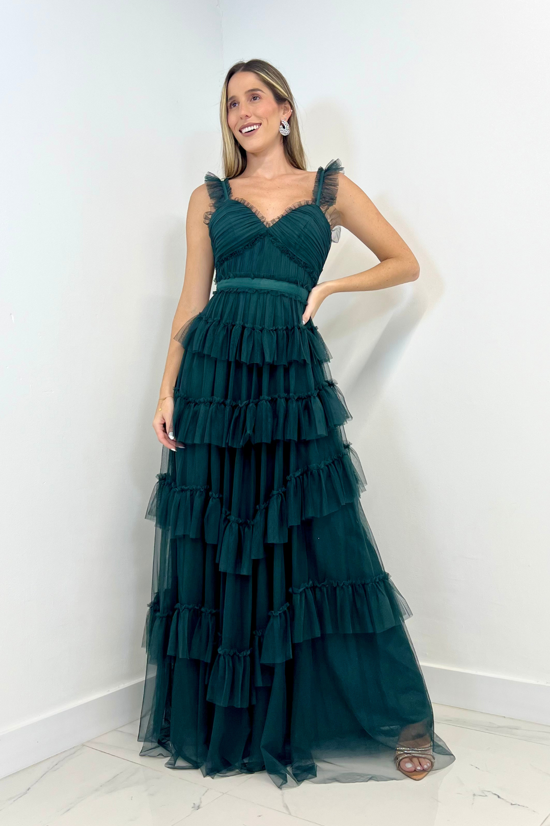 Vestido largo de tul verde oscuro