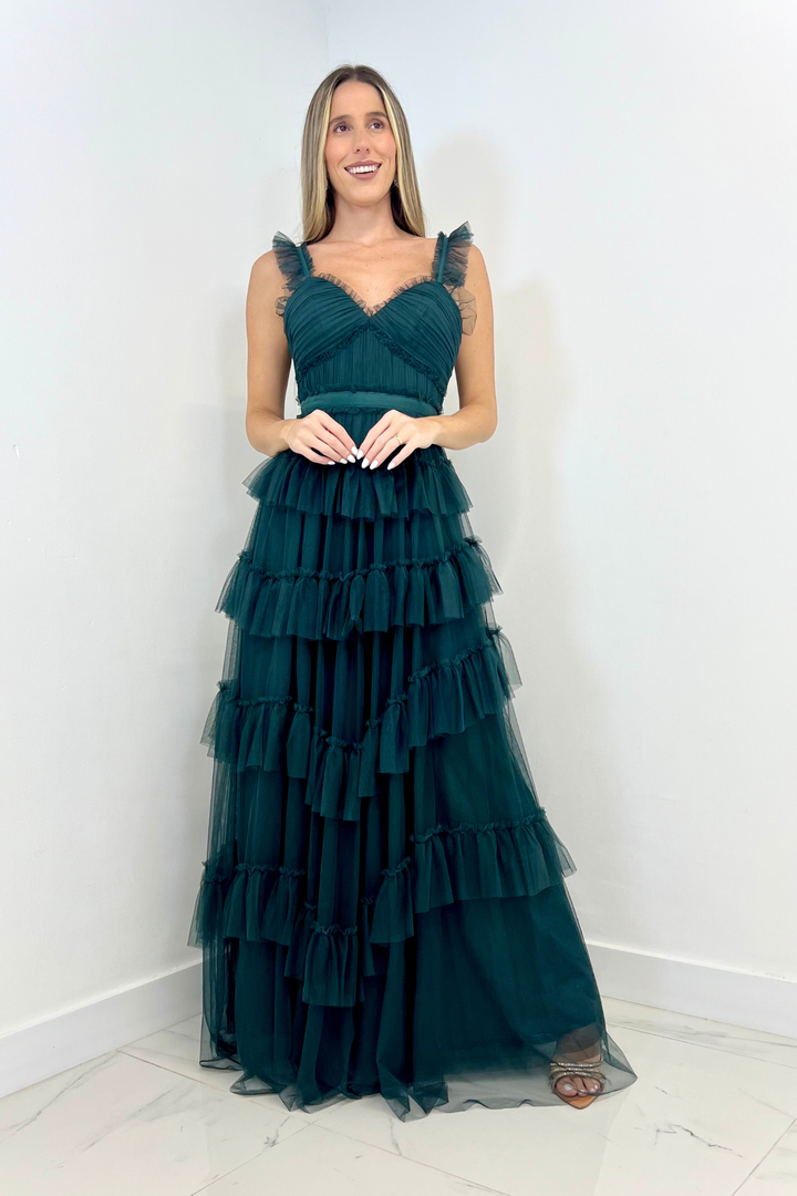 Vestido largo de tul verde oscuro
