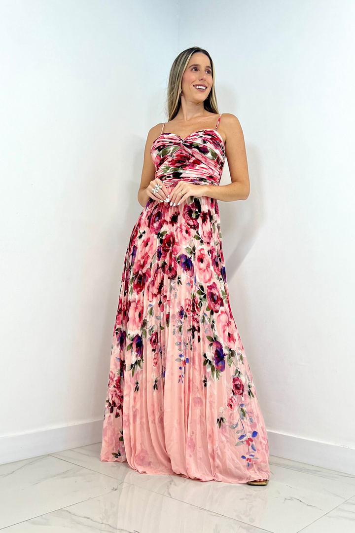 Vestido floreado y plisado rosado
