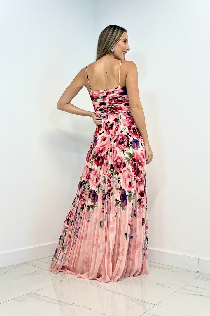 Vestido floreado y plisado rosado