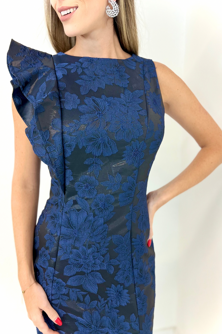 Vestido midi azul con negro