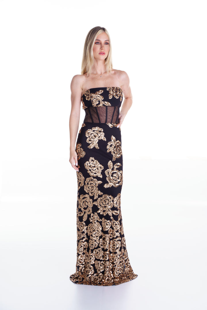 Vestido largo negro con flores doradas
