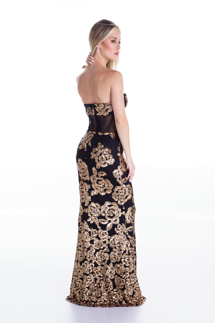Vestido largo negro con flores doradas