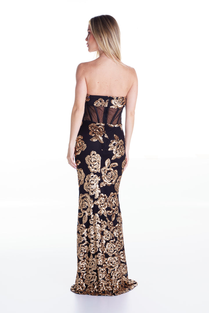 Vestido largo negro con flores doradas