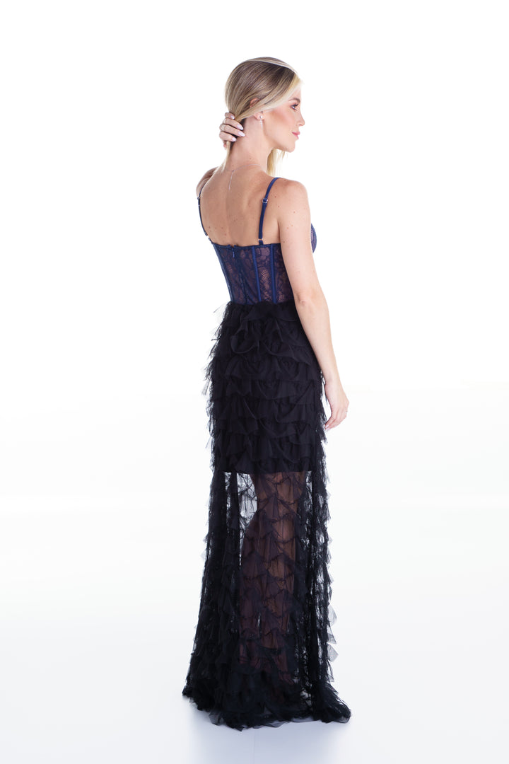Vestido largo azul y negro con transparencias