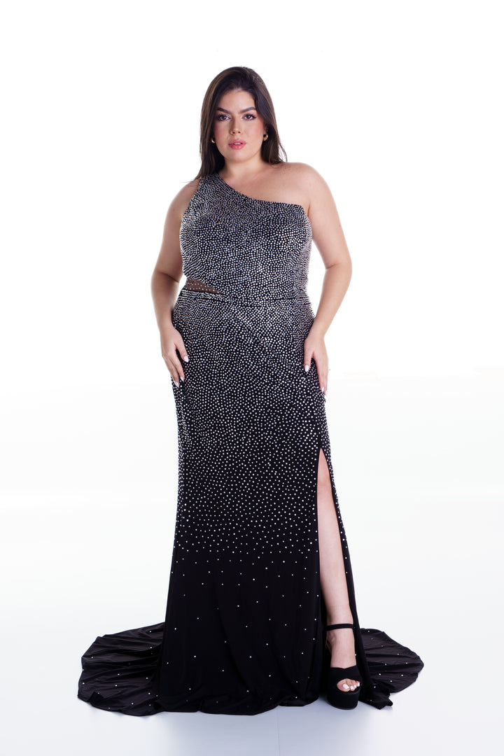 Vestido largo negro asimetrico con brillantes