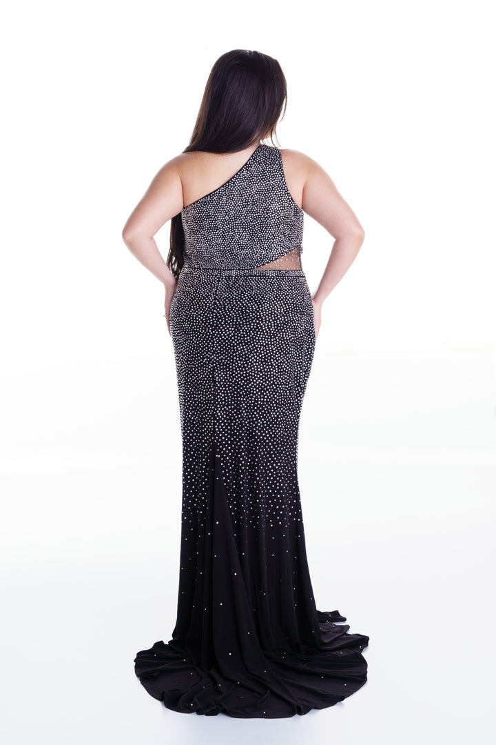 Vestido largo negro asimetrico con brillantes