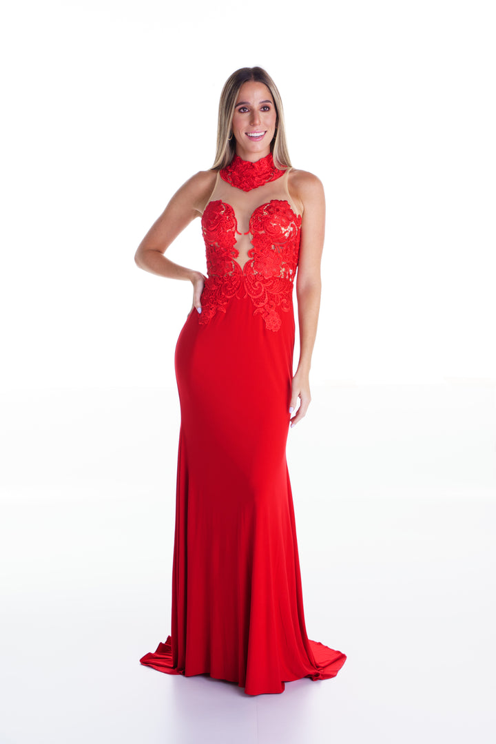 Vestido largo rojo de torchon con transparencia