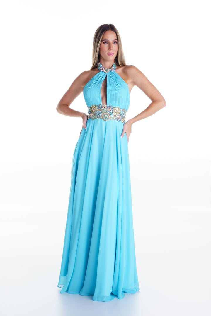 Vestido largo azul claro con pedreria