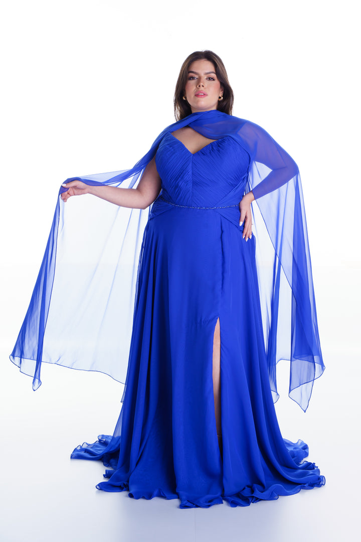 Vestido largo azul rey con capas