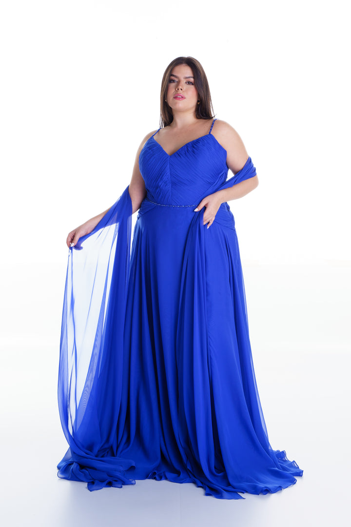 Vestido largo azul rey con capas
