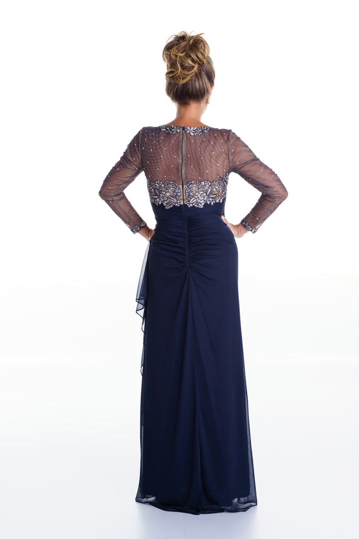 Vestido largo azul marino de chifon bordado