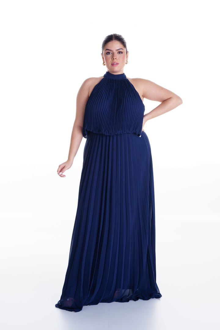 Vestido largo azul marino plisado