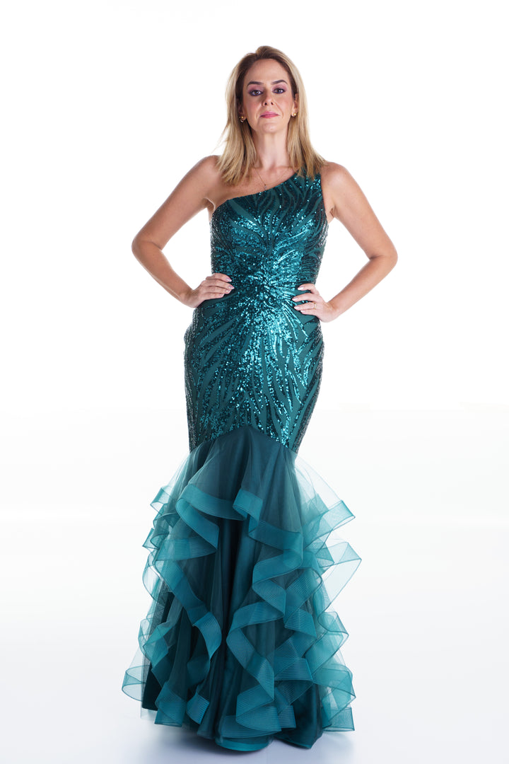Vestido largo verde acqua con lentejuelas y tul