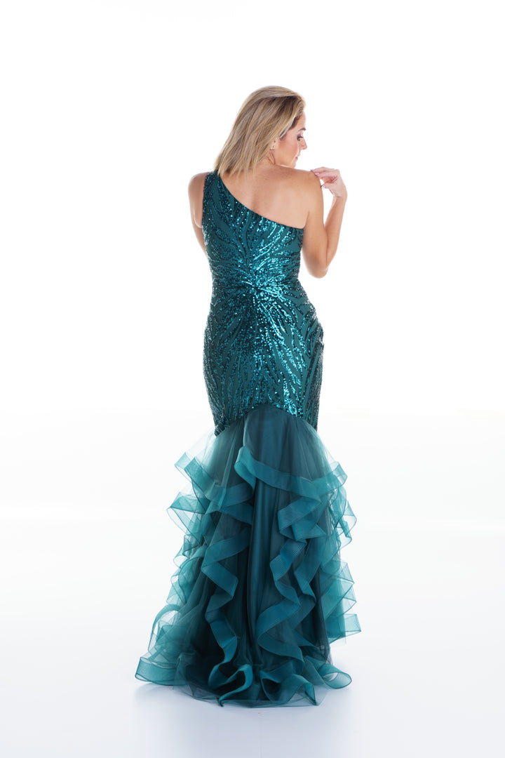 Vestido largo verde acqua con lentejuelas y tul