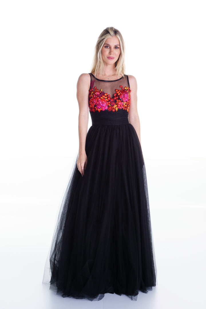 Vestido largo negro de tul con flores