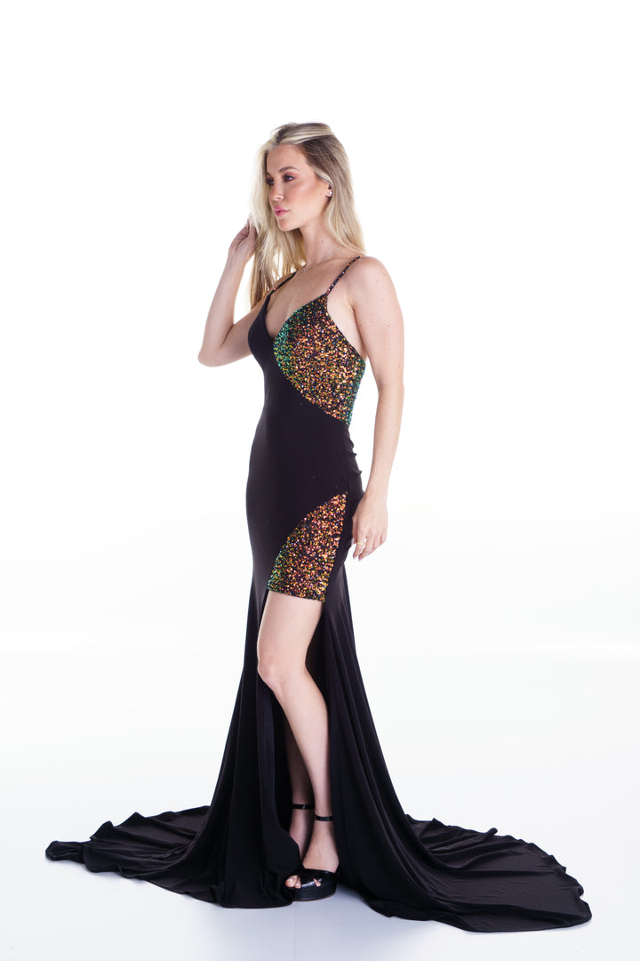 Vestido largo negro con lentejuelas tornasoles