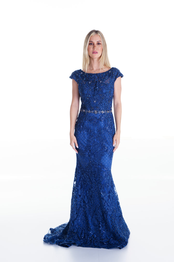 Vestido largo azul bordado