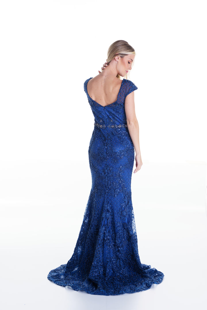 Vestido largo azul bordado