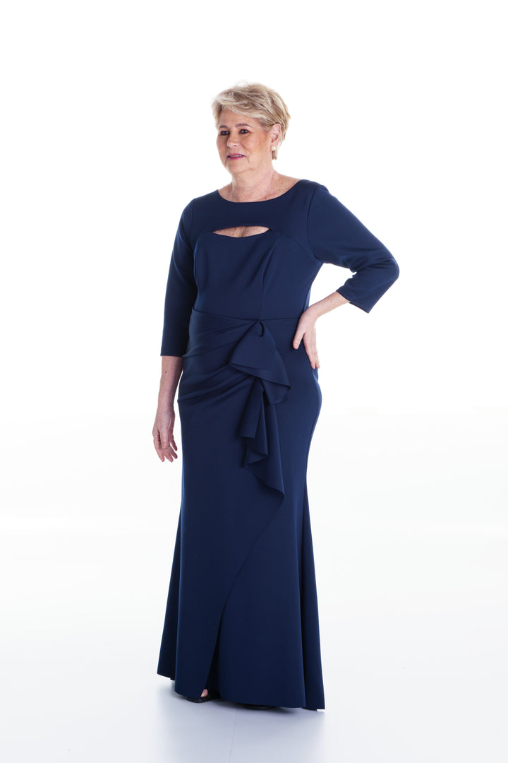Vestido largo azul marino de neopreno con mangas 3/4
