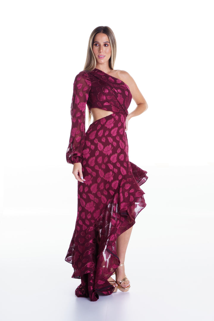 Vestido midi asimetrico vinotinto