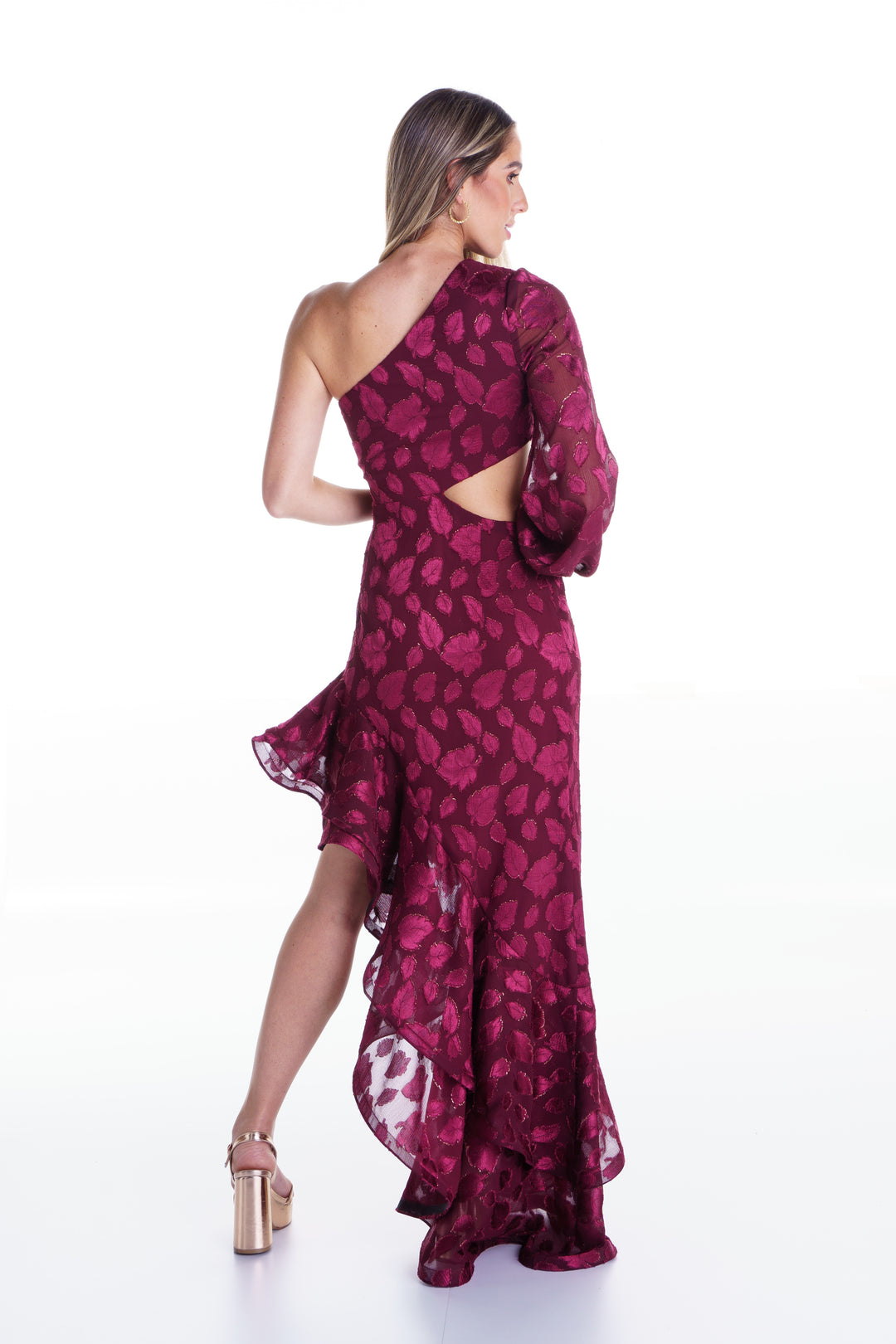 Vestido midi asimetrico vinotinto