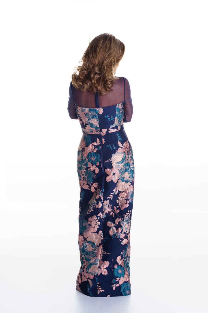 Vestido largo azul marino estampado con mangas transparentes