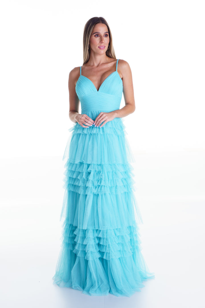 Vestido largo acquamarine de tul